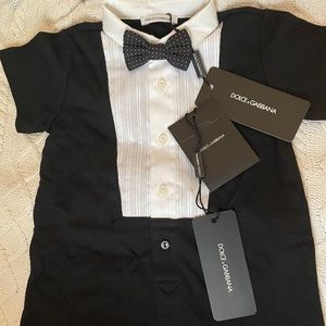 DOLCE&GABBANA
Boy's Tuxedo Polka-Dot Bow-Tie Playsuit, Size 9/12 months